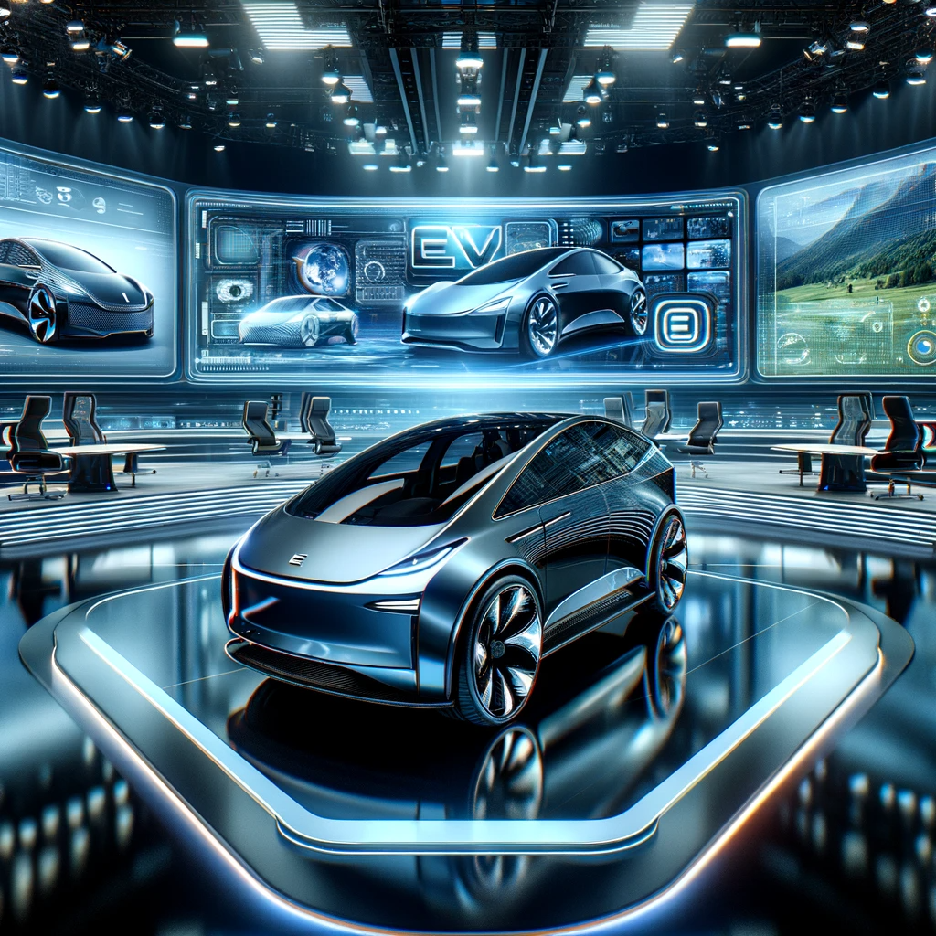 "A futuristic news studio featuring a glossy electric vehicle in the foreground, with multiple screens showcasing electric vehicles and technological advancements."