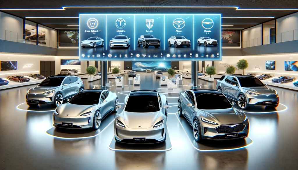 A modern car showroom showcasing the top electric vehicles of 2024, including Tesla Model S Plaid+, Lucid Air Dream Edition, Rivian R1T, Ford Mustang Mach-E, and Hyundai Ioniq 5.