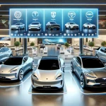 A modern car showroom showcasing the top electric vehicles of 2024, including Tesla Model S Plaid+, Lucid Air Dream Edition, Rivian R1T, Ford Mustang Mach-E, and Hyundai Ioniq 5.