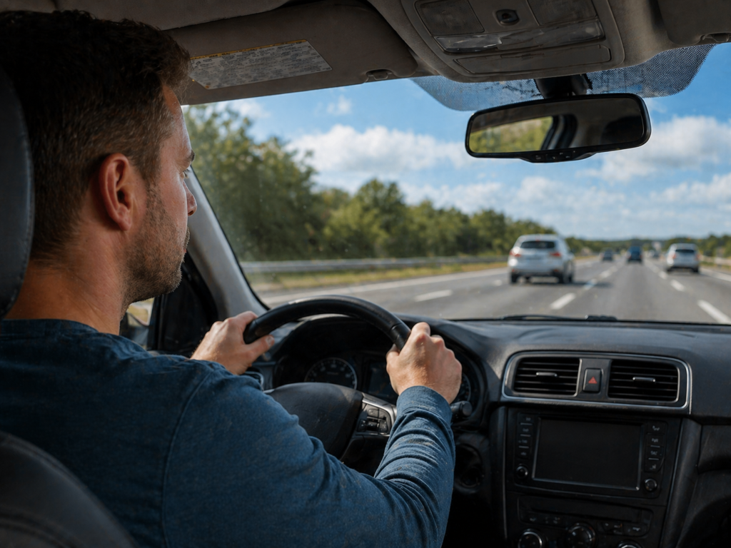 Driver calmly holding the steering wheel while focusing on the road ahead on a clear highway during daytime.
