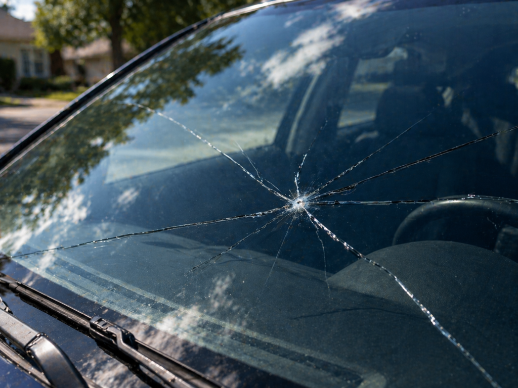 Close-up of a chipped windshield with spreading cracks extending across the glass in daylight.