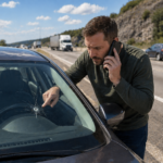 Man inspecting cracked windshield on highway