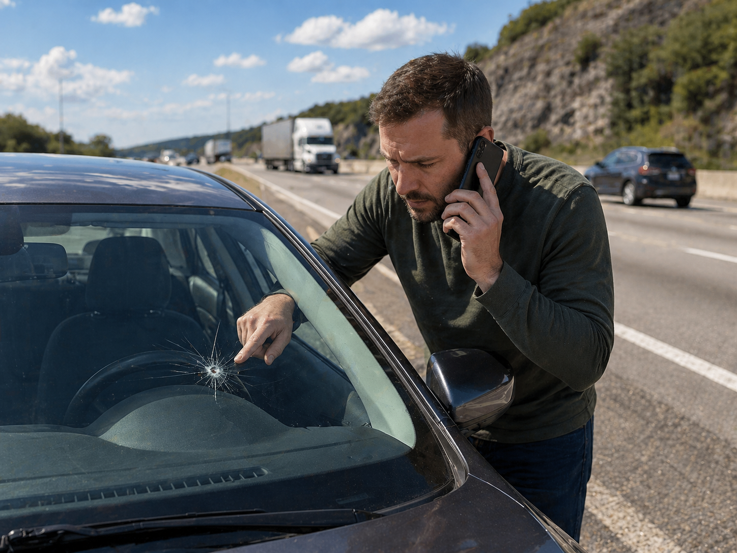 Man inspecting cracked windshield on highway