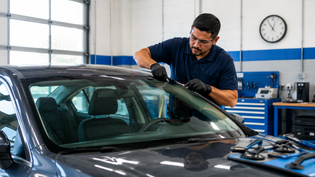 Mechanic working on car windshield