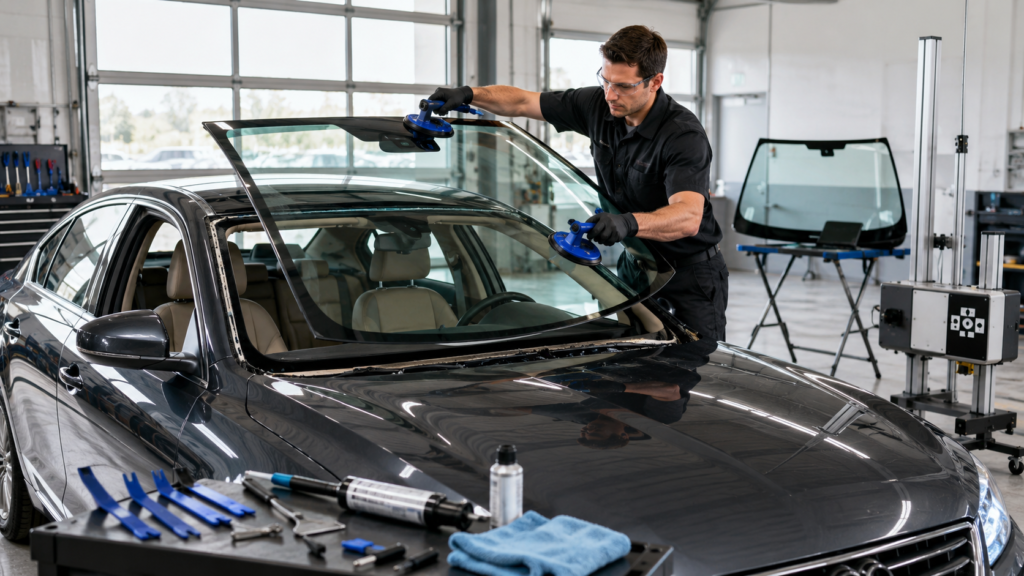 Windshield installation in a professional workshop